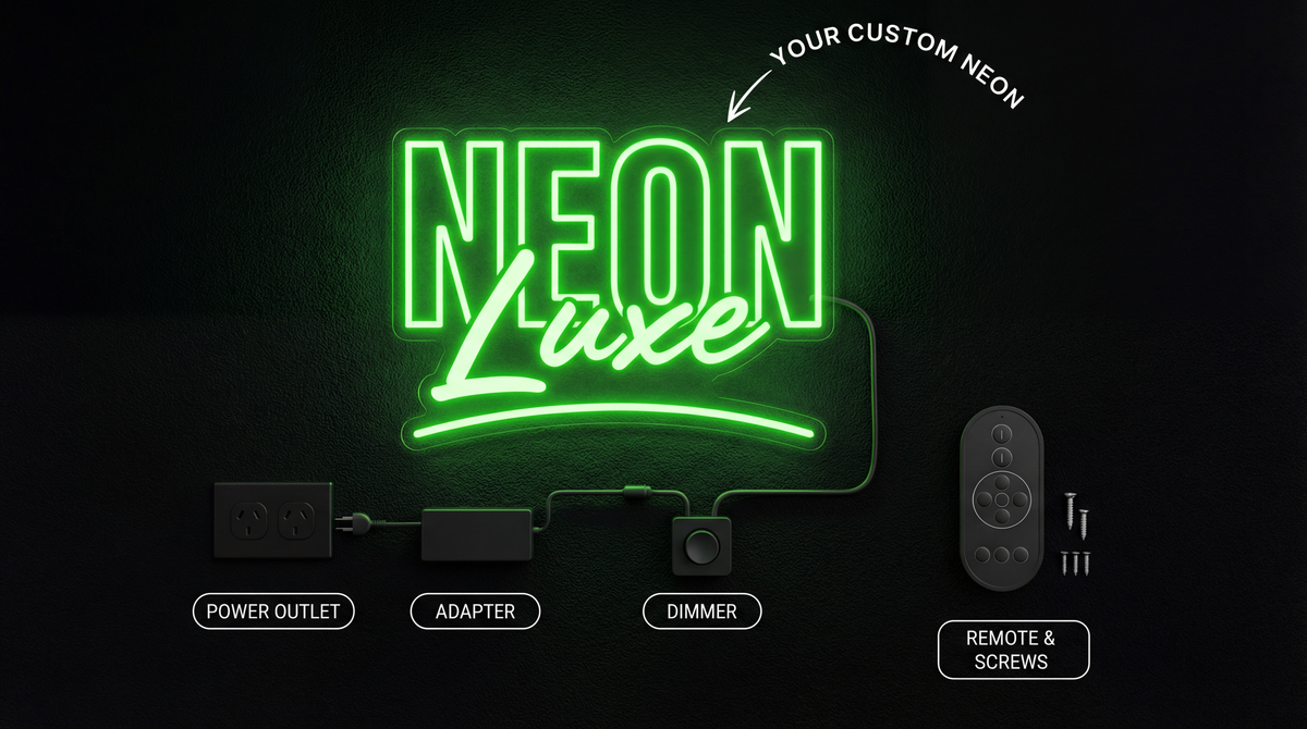 Custom Neon Sign Components — Power Outlet, Adapter, Dimmer, Power Cord, Remote & Screws